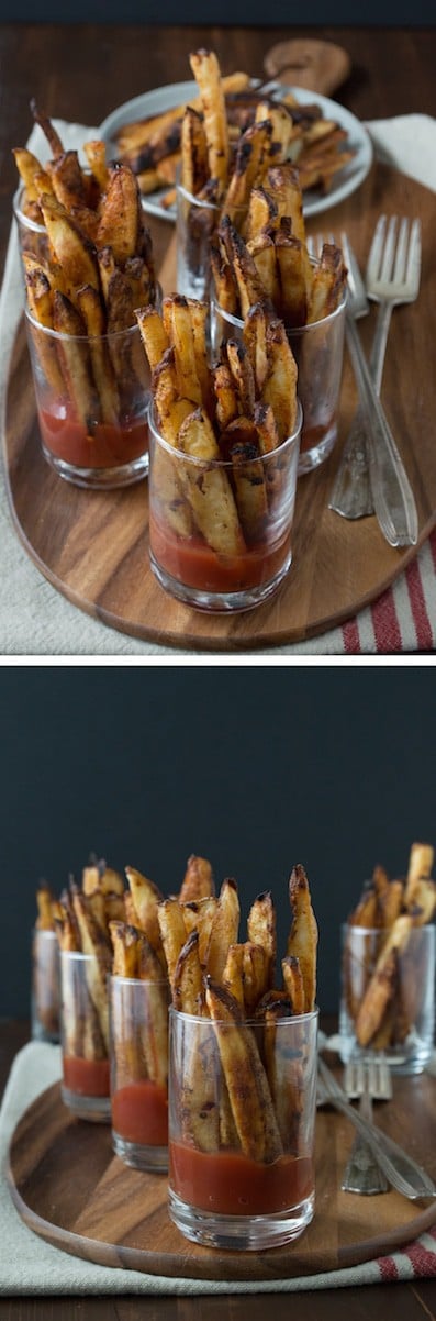 Spicy Dijon French Fries - this recipe for homemade french fries is easy and only takes 35 minutes to bake! Serve them in mini glasses with ketchup.