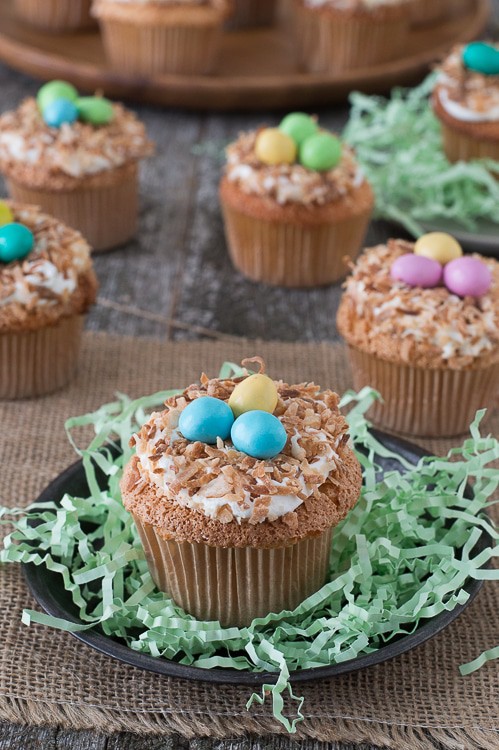 Angel Food Bird Nest Cupcakes - a fun bird nest cupcake using angel food cake and toasted coconut!