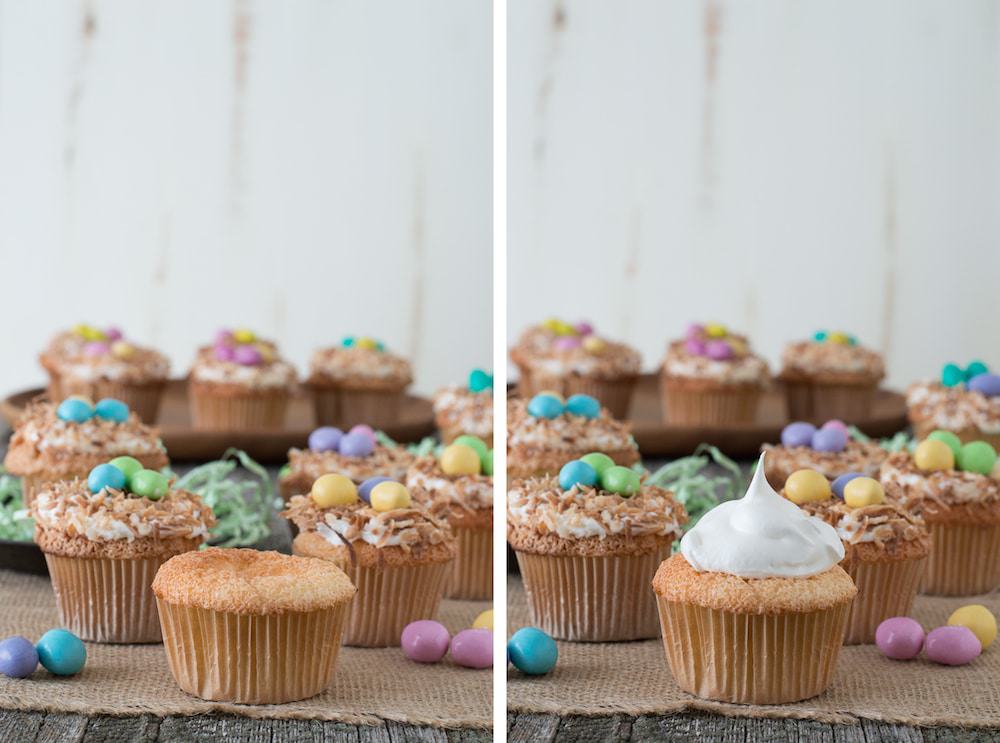 Angel Food Bird Nest Cupcakes - a fun bird nest cupcake using angel food cake and toasted coconut!