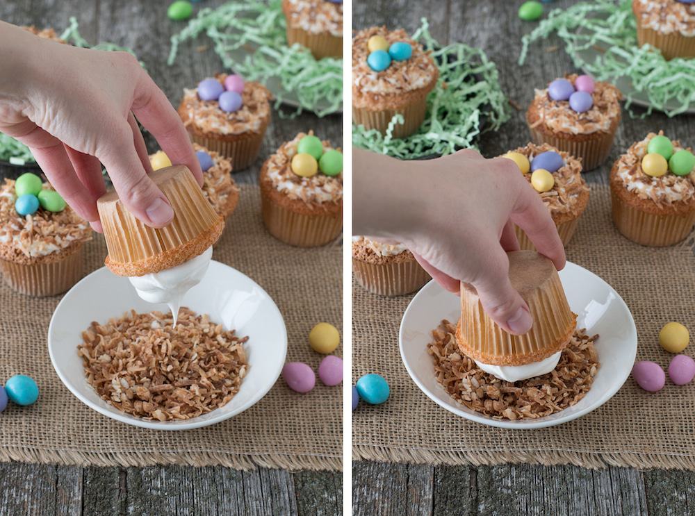 Angel Food Bird Nest Cupcakes - a fun bird nest cupcake using angel food cake and toasted coconut!