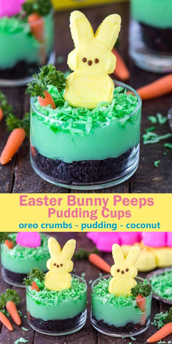 Simple, no bake easter dessert! Easter Peeps bunny pudding cups are made with oreos, pudding, coconut, a mini carrot and peeps! Easter Bunny Dirt Cups are an easy treat to make with your kids! #easter #peeps #peepsdessert #easterdirtcups peeps bunny pudding dirt cups in glass bowl