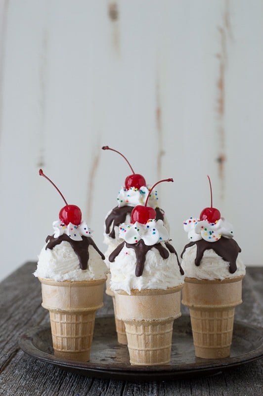 Ice Cream Cone Cupcakes with Cherries on top.