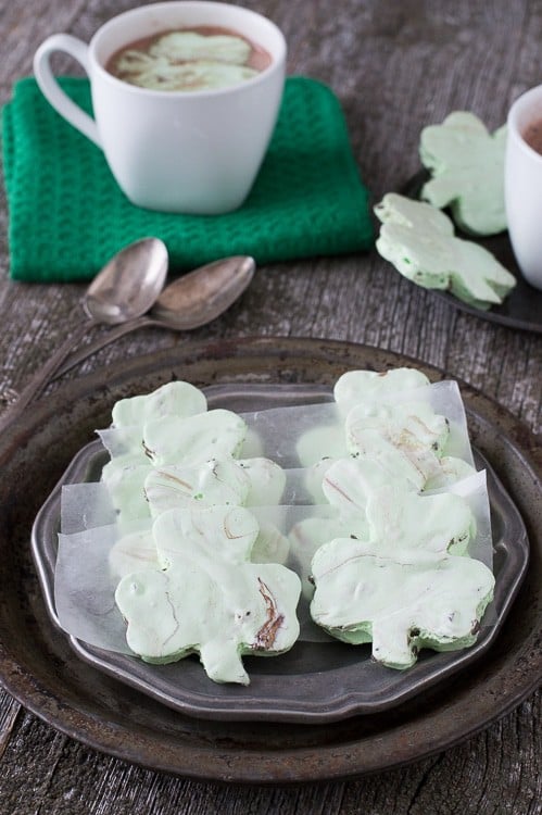 Mint Chocolate Chip Shamrock Marshmallows on a serving plate.