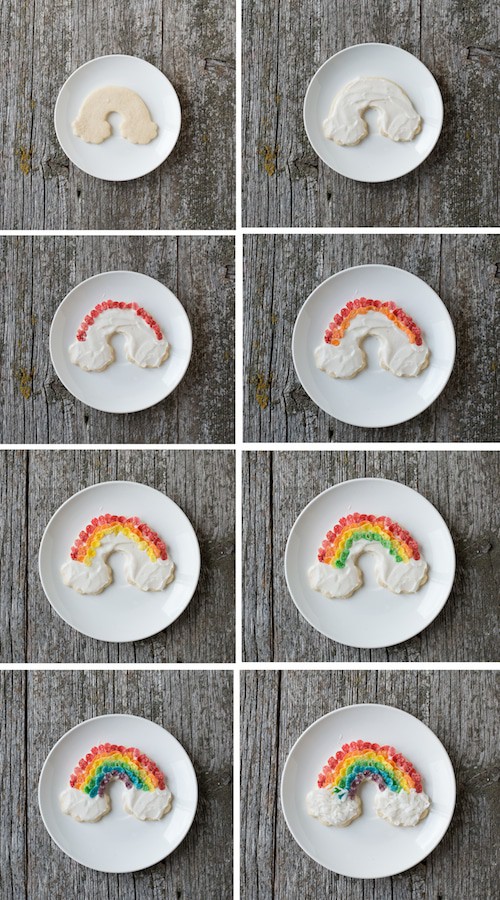 photo collage - Decorating Rainbow Sugar Cookies with fruity pebbles and coconut shavings on a small white plate.