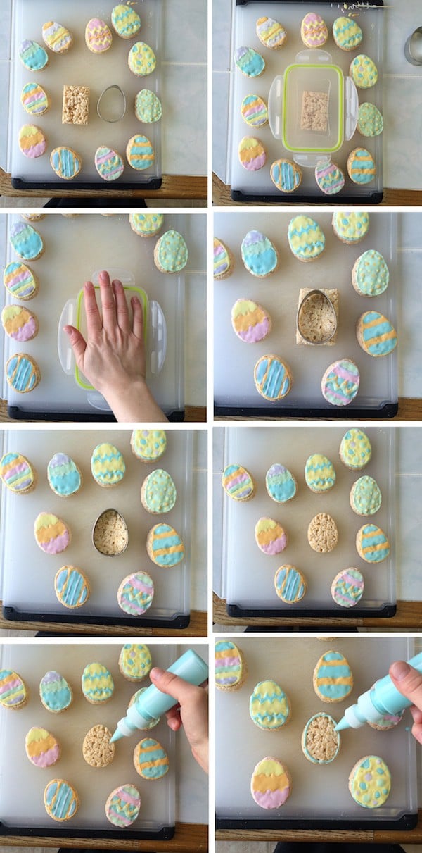 photo collage - Cutting out Rice Krispies Easter Eggs and using pastel colored royal icing to decorate egg shaped rice krispie treats.