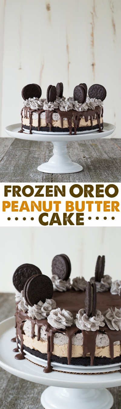 Frozen Oreo Peanut Butter Cake - a delicious frozen cake with a peanut butter layer and an oreo layer. Complete with oreo buttercream and oreos!
