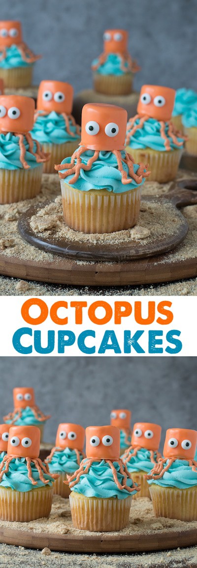Octopus Cupcakes - These super cute googly eyed cupcakes are perfect for an under the sea party! Everyone is bound to love them! photo collage - Delicious Octopus Cupcakes with blue buttercream frosting on a wooden board.