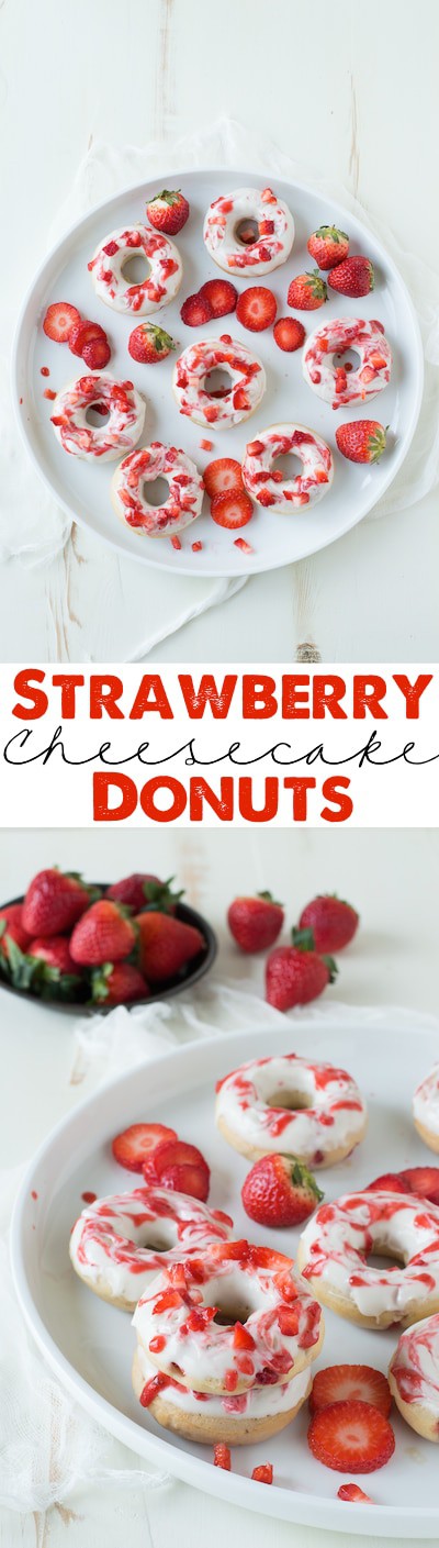 Strawberry Cheesecake Donuts with strawberries in the batter, topped with a cream cheese glaze and strawberry coulis.