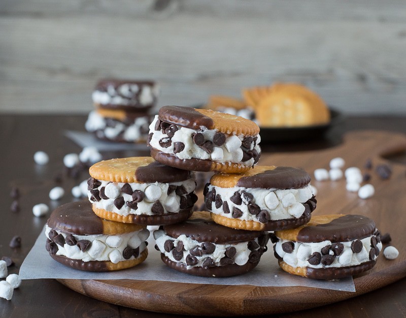 S’mores Ritz Ice Cream Sandwiches with ice cream, mini marshmallows, and mini chocolate chips!