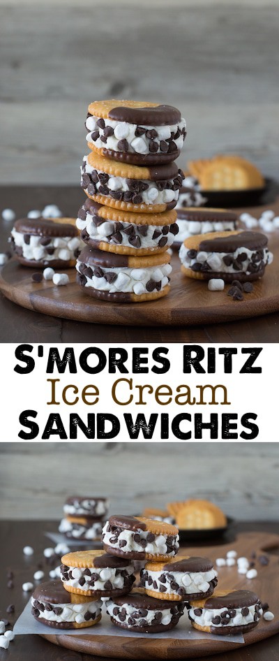 S’mores Ritz Ice Cream Sandwiches with ice cream, mini marshmallows, and mini chocolate chips!