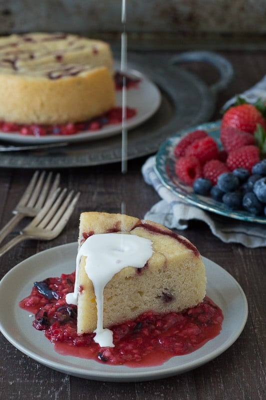 Raspberry Jam Shortcake - raspberry jam is baked into the shortcake then served with fresh mashed up berries and cream! 