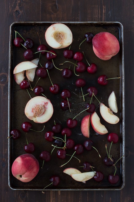 Cherry Peach Slab Pie - an easy open face pie made on a baking sheet! The crust is amazing! 