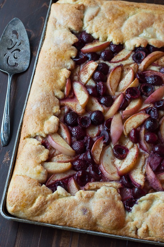 Cherry Peach Slab Pie - an easy open face pie made on a baking sheet! The crust is amazing! 