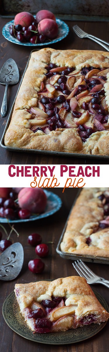 Cherry Peach Slab Pie - an easy open face pie made on a baking sheet! The crust is amazing! 