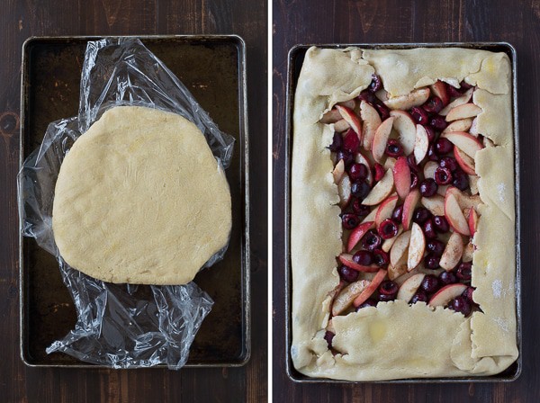 Cherry Peach Slab Pie - an easy open face pie made on a baking sheet! The crust is amazing! 