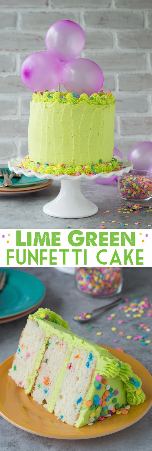 Homemade funfetti cake with lime green buttercream! Top the cake with a DIY balloon cake topper! 