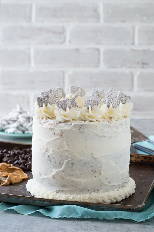 Puppy Chow Cake - chocolate and peanut butter cake loaded with puppy chow in between each layer! 