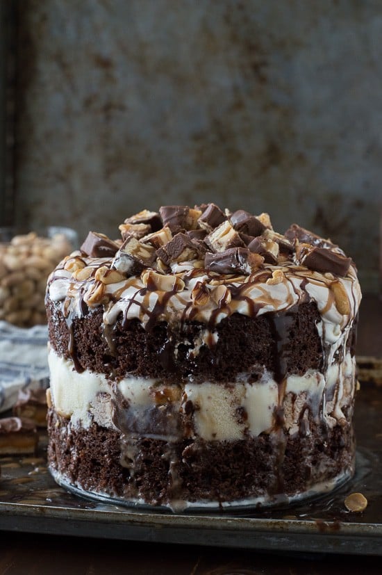 Snickers Bar Ice Cream Cake with actual Snickers ice cream bars inside the cake! This cake is LOADED! 