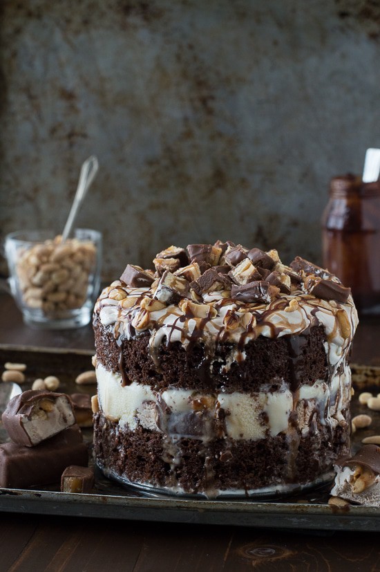 Snickers Bar Ice Cream Cake with actual Snickers ice cream bars inside the cake! This cake is LOADED! 