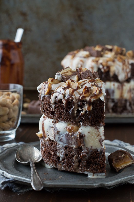 Snickers Bar Ice Cream Cake with actual Snickers ice cream bars inside the cake! This cake is LOADED! 