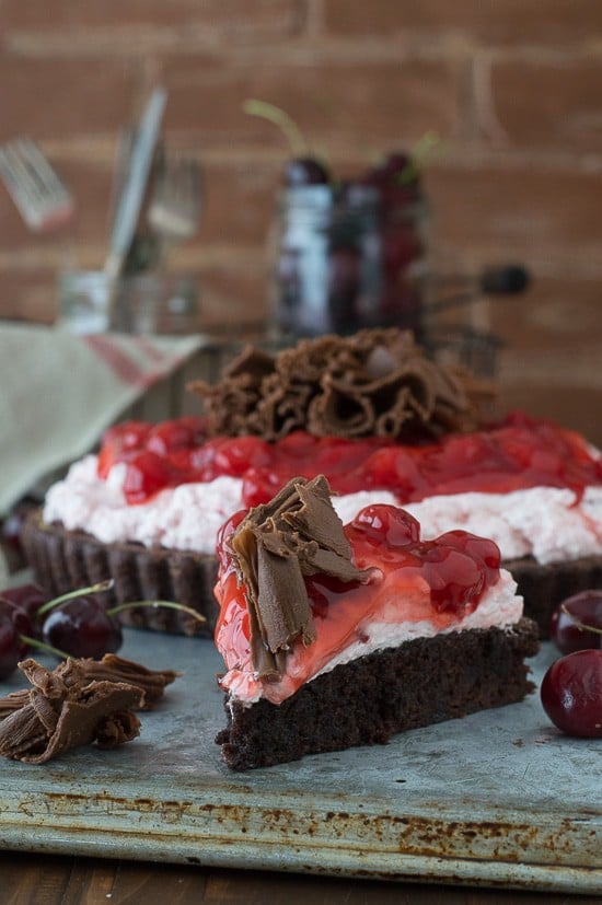 Cherry Brownie Tart - a brownie tart topped with cherry filling and chocolate curls!