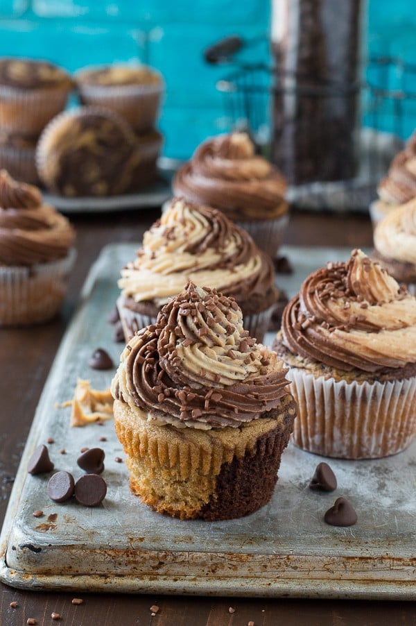 This is the best combo - swirled chocolate peanut butter cupcakes with chocolate peanut butter buttercream! 