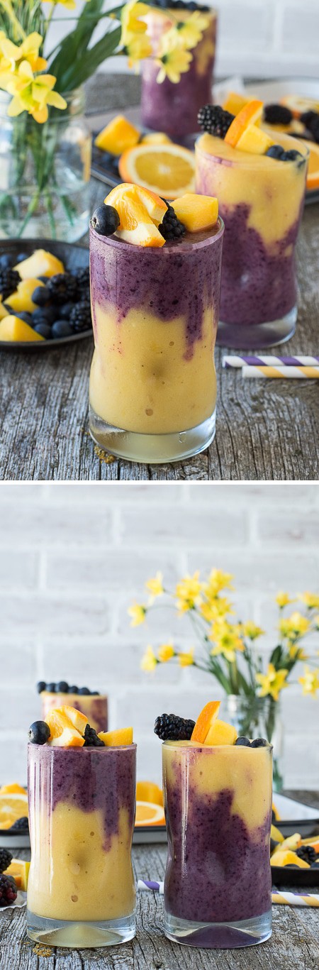 This two layer Hawaiian Berry Smoothie has an orange mango layer and a berry layer! Top the smoothie with a skewer filled with fresh fruit!