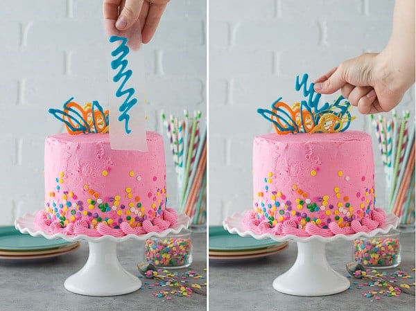 This pink confetti chocolate chip cake is so fun and and colorful. There are mini chocolate chips inside the cake! 