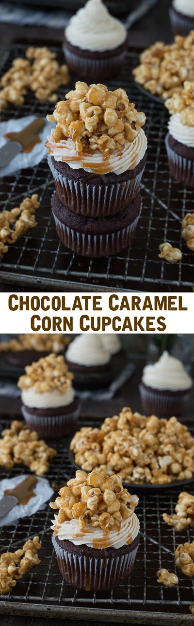 Rich, moist chocolate cupcakes with caramel buttercream and topped with homemade caramel corn!