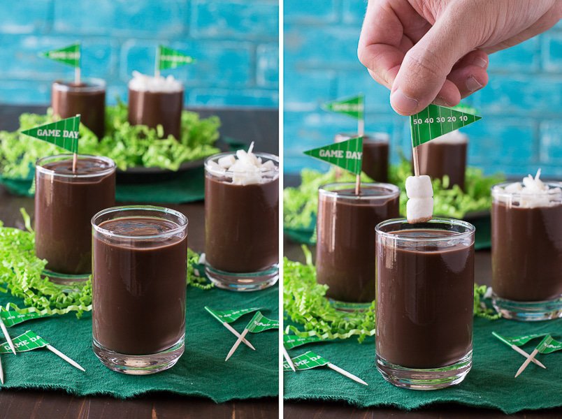 These football pudding cups are so cute for game day! Jazz them up with some white football stitches, chocolate curls, and a mini pennant! 