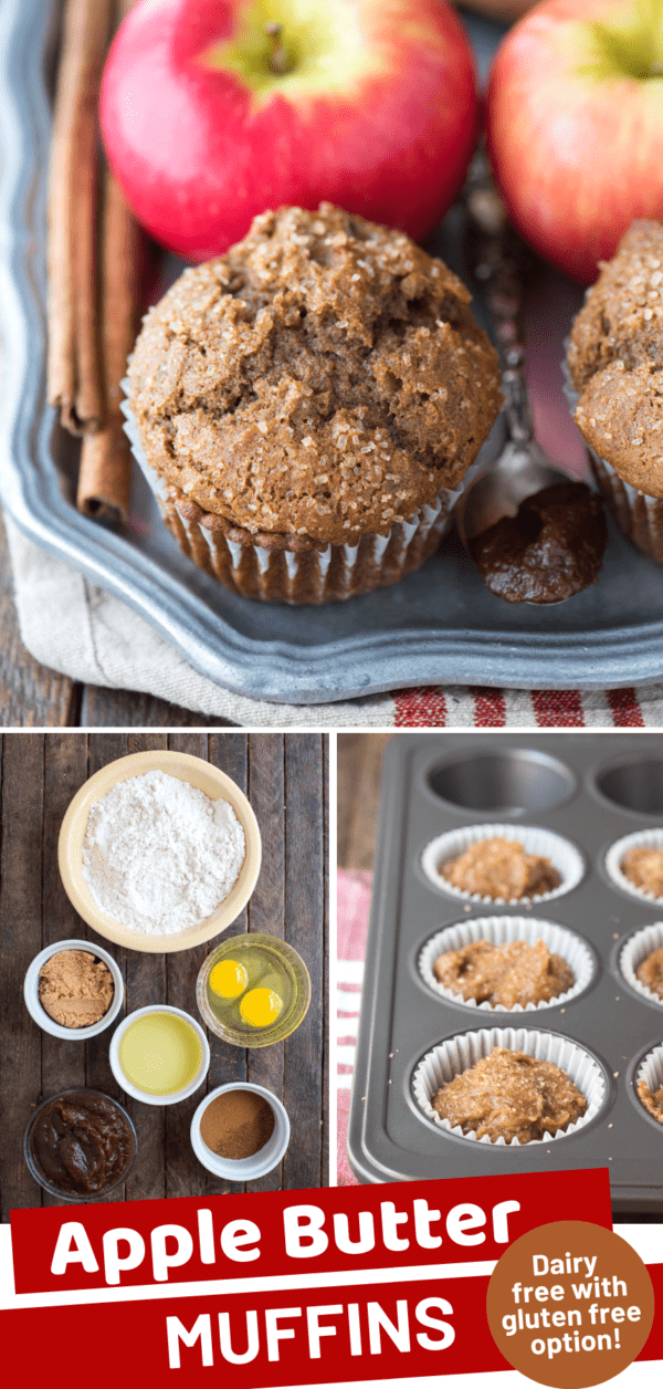 apple butter muffins on metal serving tray with apples and tan and red striped towel collage with text overlay