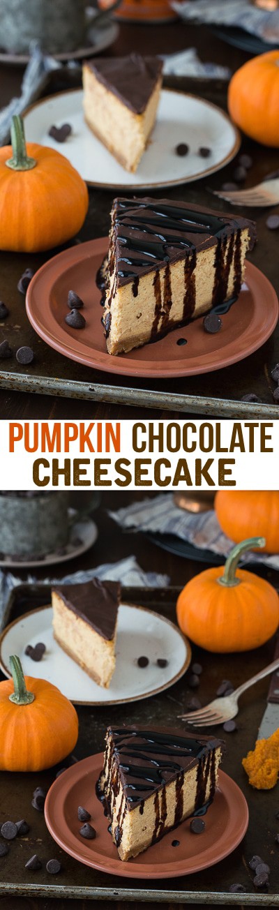 Rich and creamy pumpkin cheesecake topped with chocolate ganache!