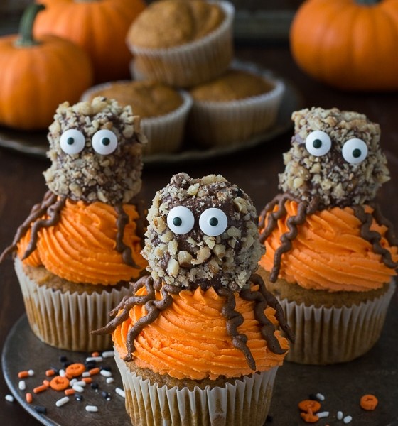 Make these fun Pumpkin Walnut Spider Cupcakes for Halloween!