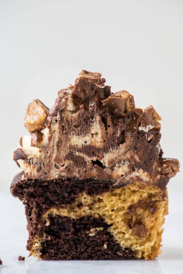 chocolate peanut butter cupcake with swirled chocolate peanut butter frosting cut in half on white background
