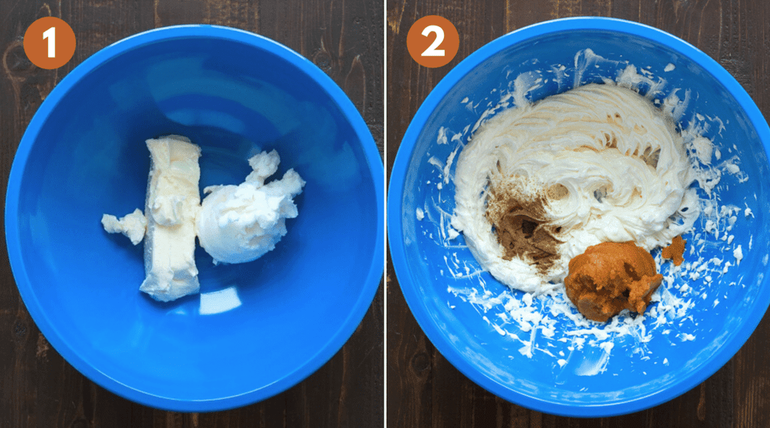 collage image with butter and shortening in blue mixing bowl, second image with butter, pumpkin puree and spices in blue mixing bowl