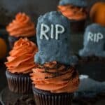 These fun halloween tombstone cupcakes are made with chocolate cupcakes and rice krispie treats that are made to look like tombstones!