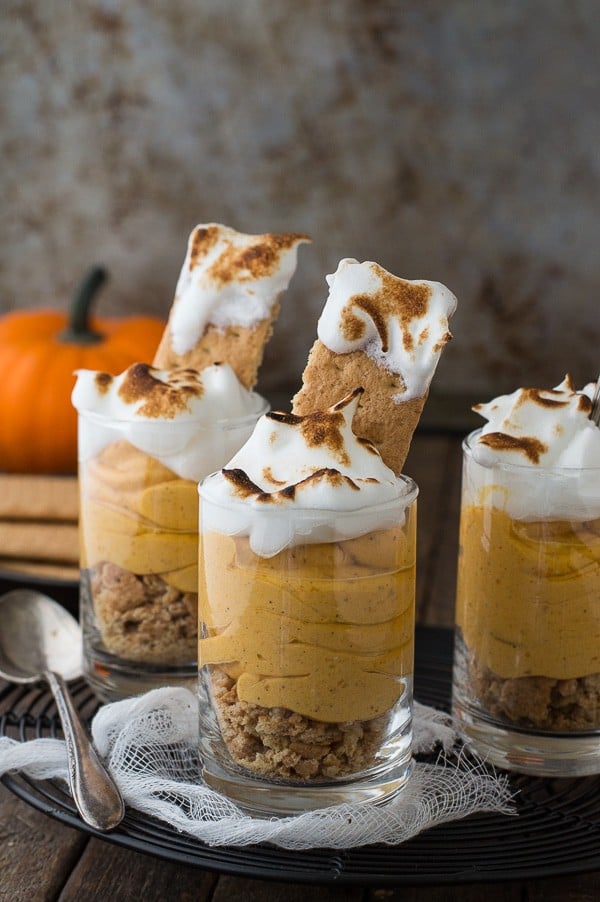 Pumpkin pie cheesecake shooters topped with toasted meringue! 