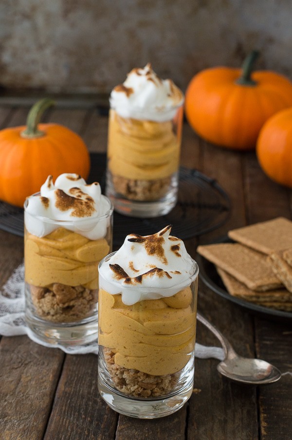 Pumpkin pie cheesecake shooters topped with toasted meringue! 