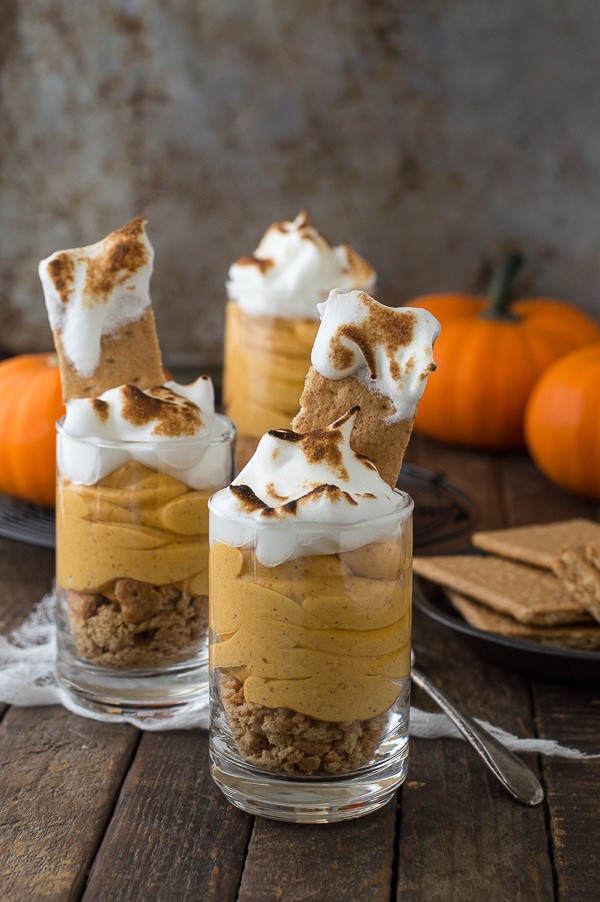 Pumpkin pie cheesecake shooters topped with toasted meringue! 