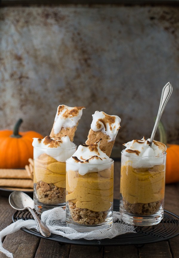 Pumpkin pie cheesecake shooters topped with toasted meringue! 