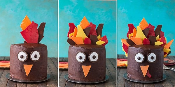 This 3 layer pumpkin chocolate turkey cake is ADORABLE for Thanksgiving! Use chocolate shards for the turkey’s feathers! 