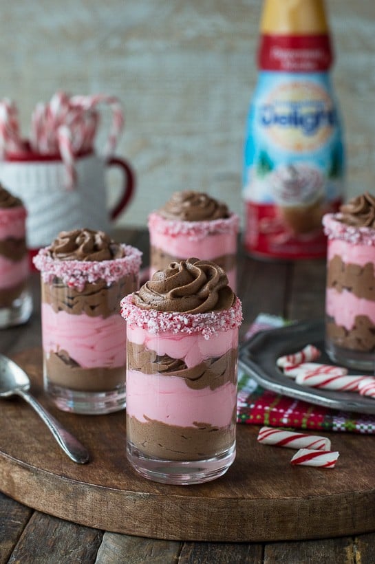 Layered chocolate peppermint mousse in dessert glasses! This is the best mousse and it’s eggless! 