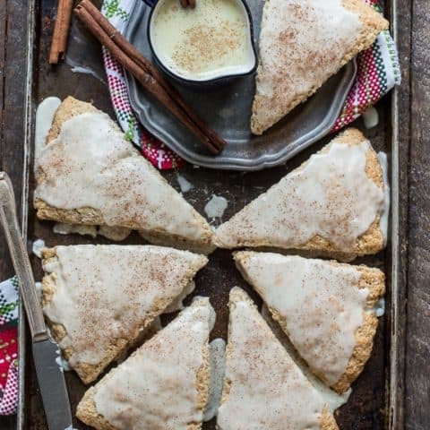 Easy 30 minute eggnog scones with eggnog cinnamon glaze!