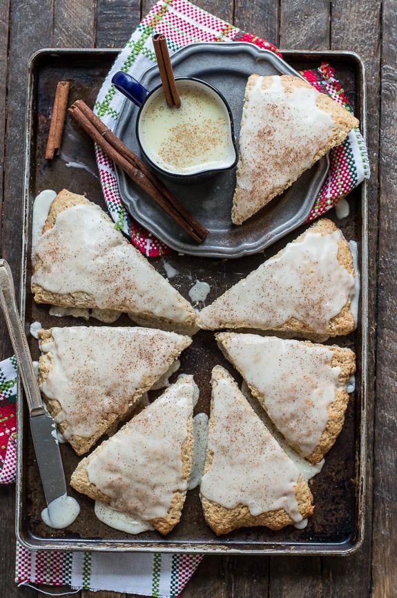 Easy 30 minute eggnog scones with eggnog cinnamon glaze! 