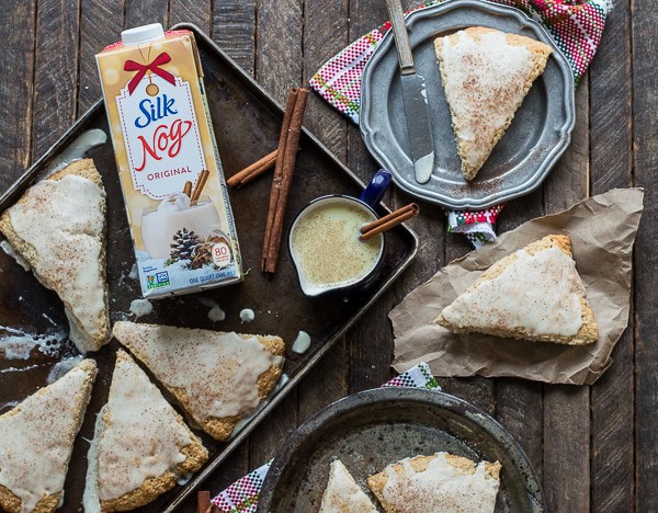 Easy 30 minute eggnog scones with eggnog cinnamon glaze! 