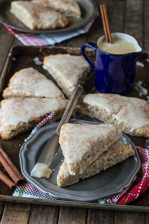 Easy 30 minute eggnog scones with eggnog cinnamon glaze! 