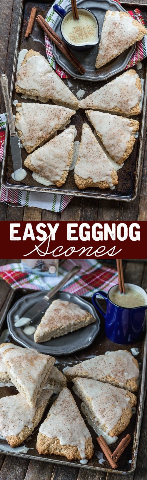 Easy 30 minute eggnog scones with eggnog cinnamon glaze! 