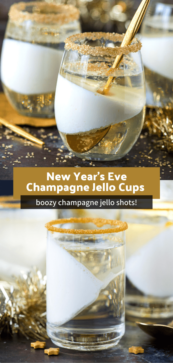 champagne jello cups on dark background with gold accents collage image with text overlay