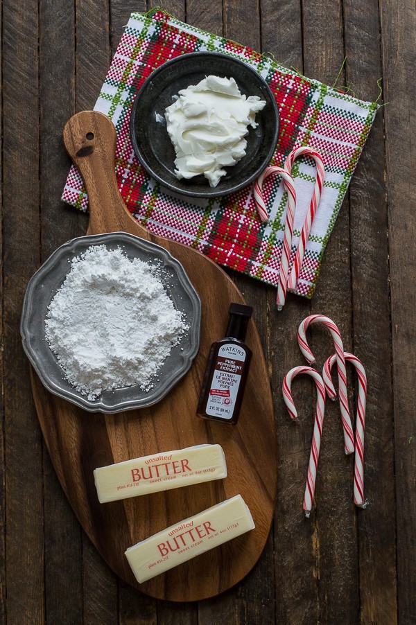 Easy 5 ingredient peppermint buttercream with crushed candy canes! 