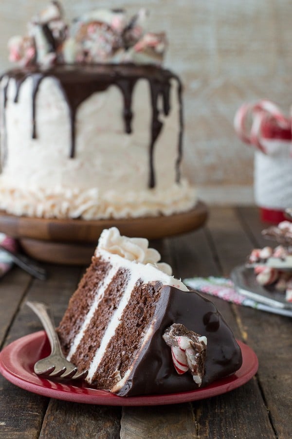 Peppermint chocolate cake recipe! Complete with chocolate cake, peppermint buttercream, chocolate ganache, and a peppermint bark topping! 